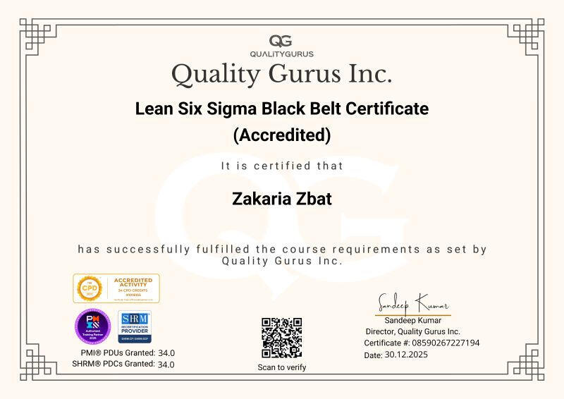 Zakaria Zbat - Accredited Lean Six Sigma Black Belt Certificate from Quality Gurus Inc.