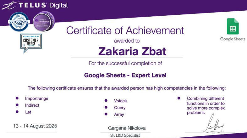 Zakaria Zbat - Google Sheets Expert Level Certificate awarded by TELUS Digital